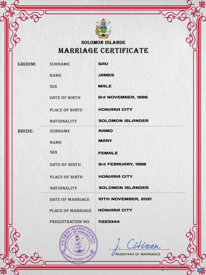Download Solomon Islands marriage certificate PSD template Photoshop template